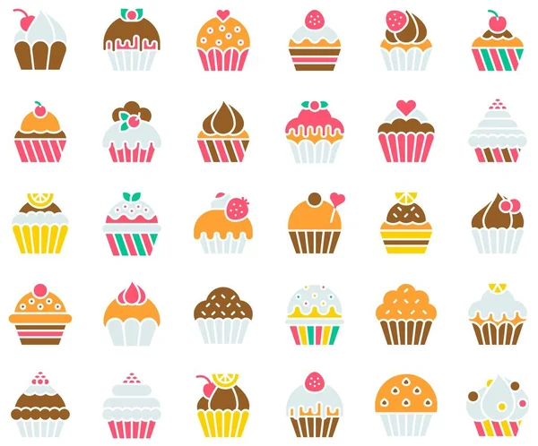 Cupcake Sau Set Vectorial Muffin Pictogramă Stil Plat — Vector de stoc