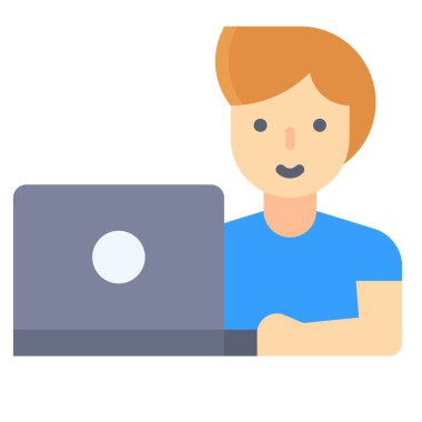 Dizüstü bilgisayarda çalışan adam, ev ile ilgili vektörle çalışıyor