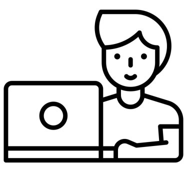 Dizüstü bilgisayarda çalışan adam, ev ile ilgili vektörle çalışıyor