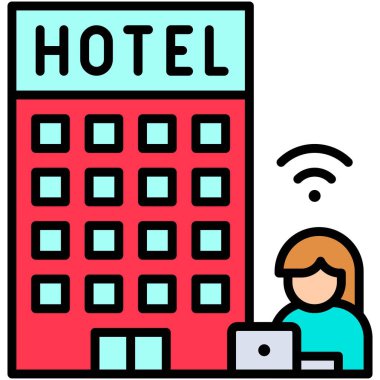 Kadın ve dizüstü bilgisayarlı otel, otel vektör illüstrasyonundan.