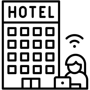 Kadın ve dizüstü bilgisayarlı otel, otel vektör illüstrasyonundan.