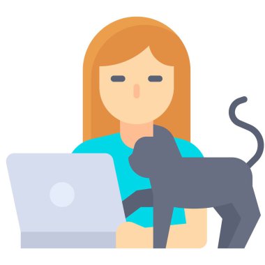 Kadın kediyle dizüstü bilgisayarda çalışıyor, ev vektörüyle çalışıyor.