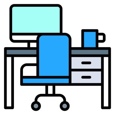 Bilgisayarlı ofis masası, İş yeri vektör illüstrasyonu