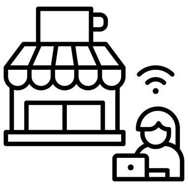 Kadın ve dizüstü bilgisayarlı kahve dükkanı, Kafe vektör illüstrasyonundan.