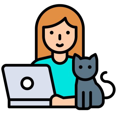 Kadın kediyle dizüstü bilgisayarda çalışıyor, ev vektörüyle çalışıyor.