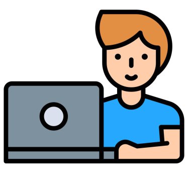 Dizüstü bilgisayarda çalışan adam, ev ile ilgili vektörle çalışıyor