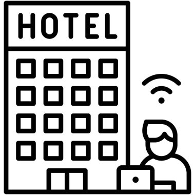 Adam ve dizüstü bilgisayarlı otel, otel vektör illüstrasyonundan.