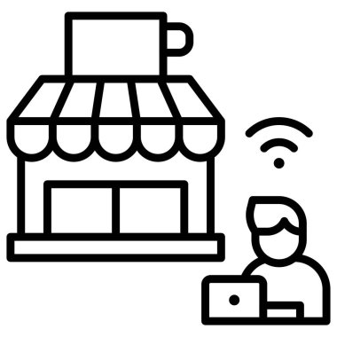 Adam ve dizüstü bilgisayarlı kahve dükkanı, Kafe vektör illüstrasyonundan.