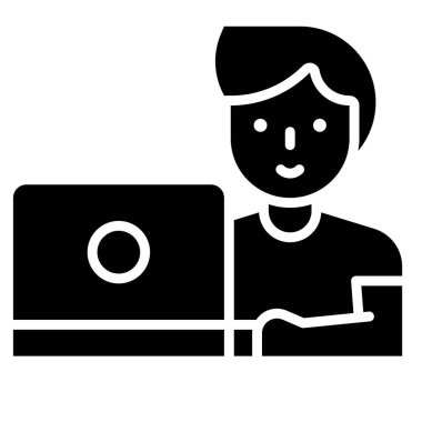 Dizüstü bilgisayarda çalışan adam, ev ile ilgili vektörle çalışıyor