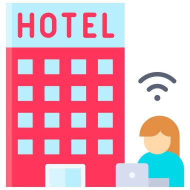 Adam ve dizüstü bilgisayarlı otel, otel vektör illüstrasyonundan.