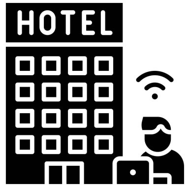 Adam ve dizüstü bilgisayarlı otel, otel vektör illüstrasyonundan.