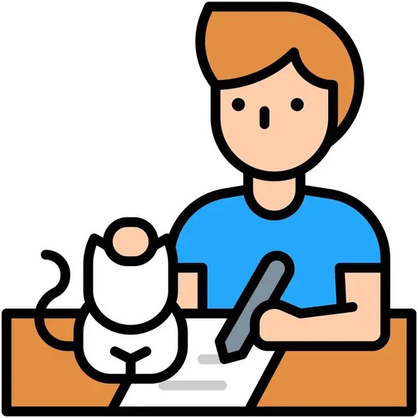 Hombre Escribiendo Papel Con Gato Trabajo Desde Vector Casa — Vector de stock