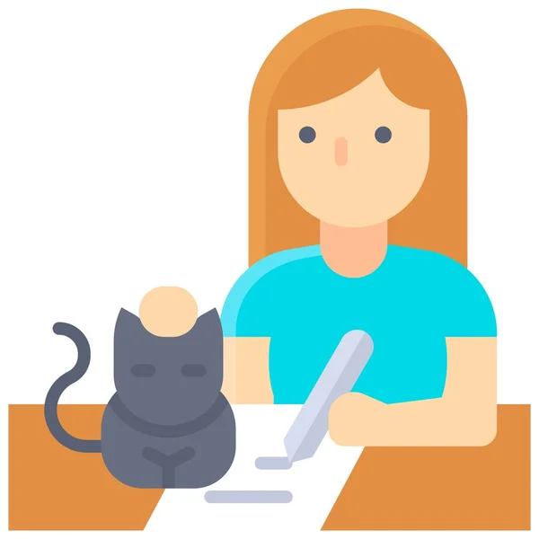 Mujer Escribiendo Papel Con Gato Trabajo Desde Vector Casa — Vector de stock