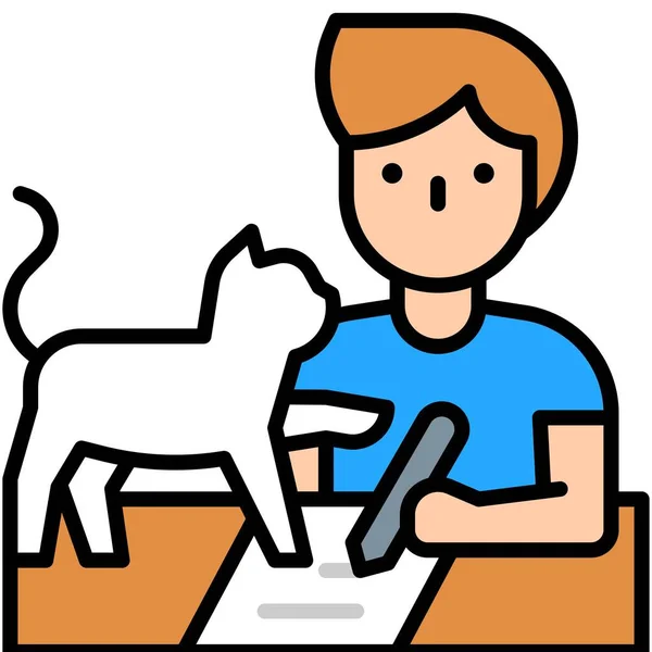 Hombre Escribiendo Papel Con Gato Trabajo Desde Vector Casa — Vector de stock