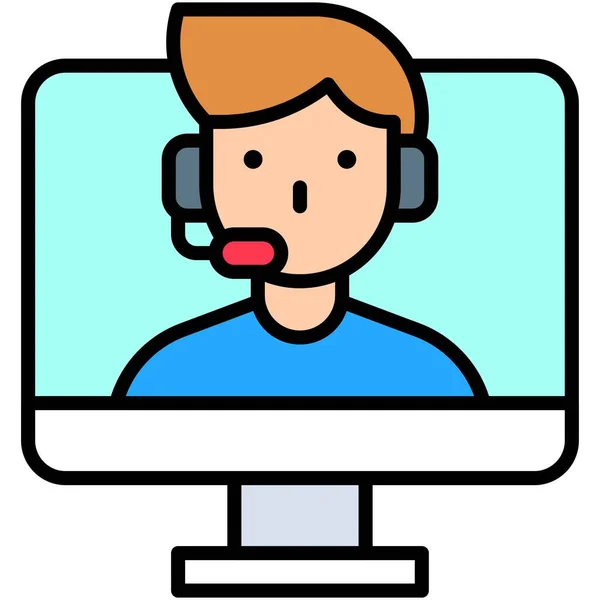 Homme Avec Casque Dans Moniteur Illustration Vectorielle Appel Vidéo — Image vectorielle