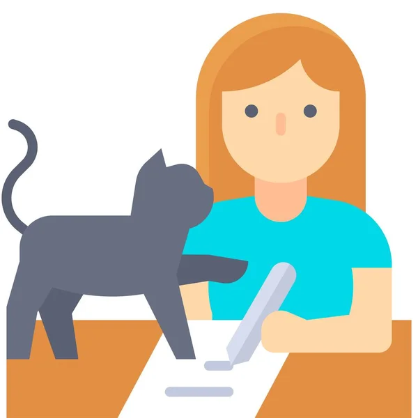 Mujer Escribiendo Papel Con Gato Trabajo Desde Vector Casa — Vector de stock