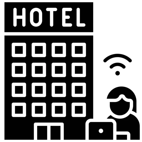 Hotel Mit Frau Und Laptop Arbeit Aus Hotelvektorillustration — Stockvektor
