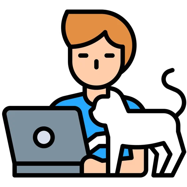 Mann Arbeitet Laptop Mit Katze Arbeit Von Hause Aus — Stockvektor