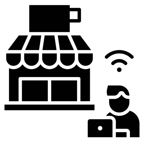 Café Com Homem Laptop Trabalho Ilustração Vetorial Café —  Vetores de Stock