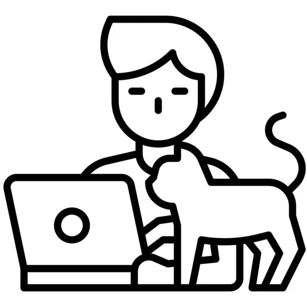 Hombre Que Trabaja Ordenador Portátil Con Gato Trabajo Del Vector — Vector de stock