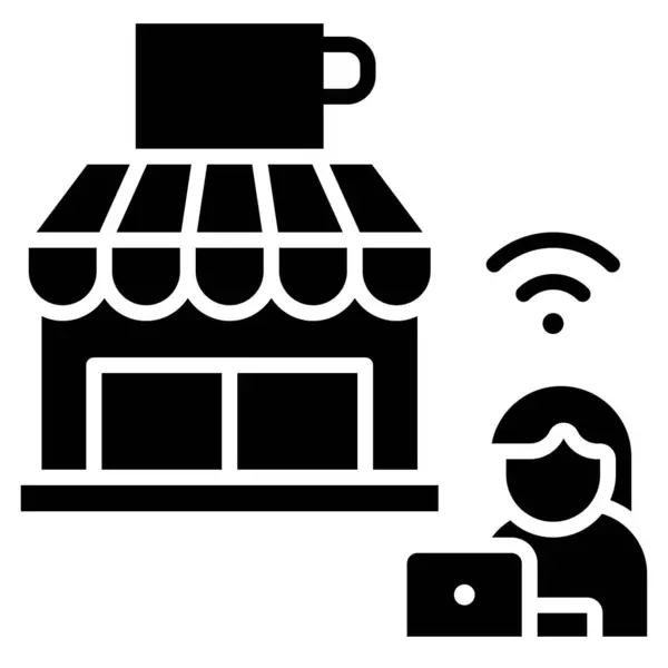 Café Com Mulher Laptop Trabalho Ilustração Vetorial Café —  Vetores de Stock