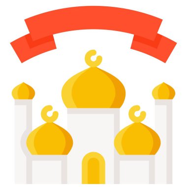 Cami simgesi ve ramazan festivali illüstrasyonlu kurdele afişi