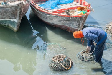 Balıkçı net emmek temizlemek için su midye getir.