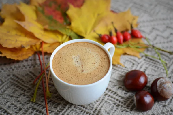 Cup of coffee with leaves and chestnuts — Stock Photo, Image