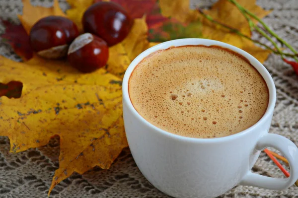 Cup of coffee with leaves and chestnuts — Stock Photo, Image