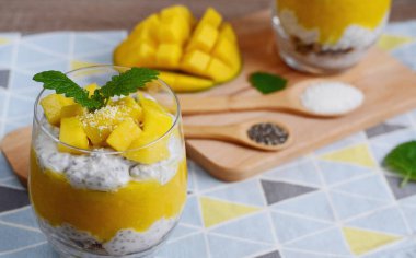 Hindistan cevizli mango Chia tohumu pudingi.