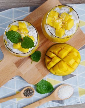 Hindistan cevizli mango Chia tohumu pudingi.