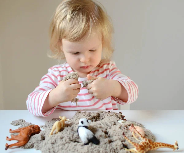 Küçük kız, eve erken eğitim Kinetik kumla oynayan 