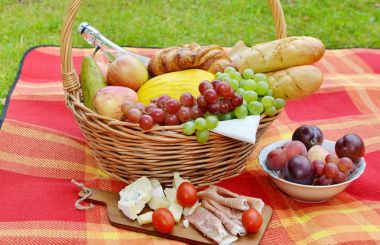 Sepet gıda meyve ekmek piknik yeşil çim yaz saati geri kalanı ile 