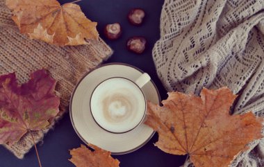 Çay fincan sıcak kahve Cappuccino sonbahar 