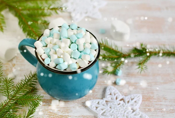 Cup of Chocolate with Marshmallows, Christmas Decorations on Wooden Table — Stock Photo, Image