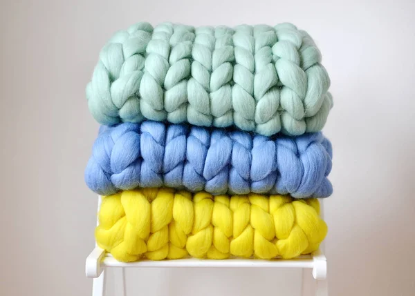 Giant Pink Mint Yellow Blue Plaid Woolen Knitted White Wooden — стоковое фото