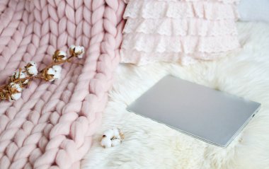 Pembe pastel dev ekose, kürk, yatak odası, sabah kavramı, dizüstü bilgisayar