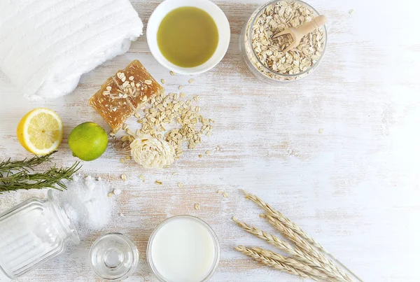 Ingredientes Naturales Para Exfoliante Casero Leche Cara Del Cuerpo Avena — Foto de Stock