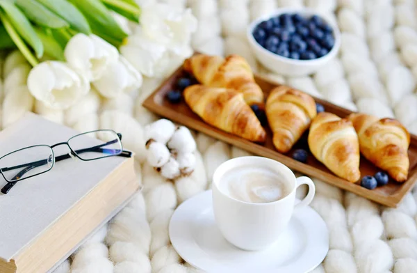 Coupe Avec Cappuccino Croissants Baies Couverture Tricot Géant Pastel Blanc — Photo