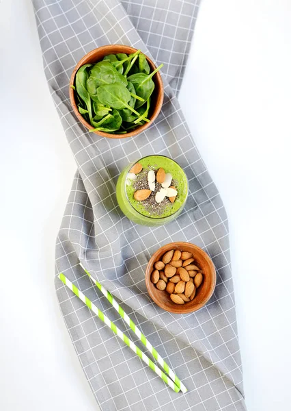 Frullati Verdi Verdure Spinaci Con Semi Chia Mandorle Noci Concetto — Foto Stock