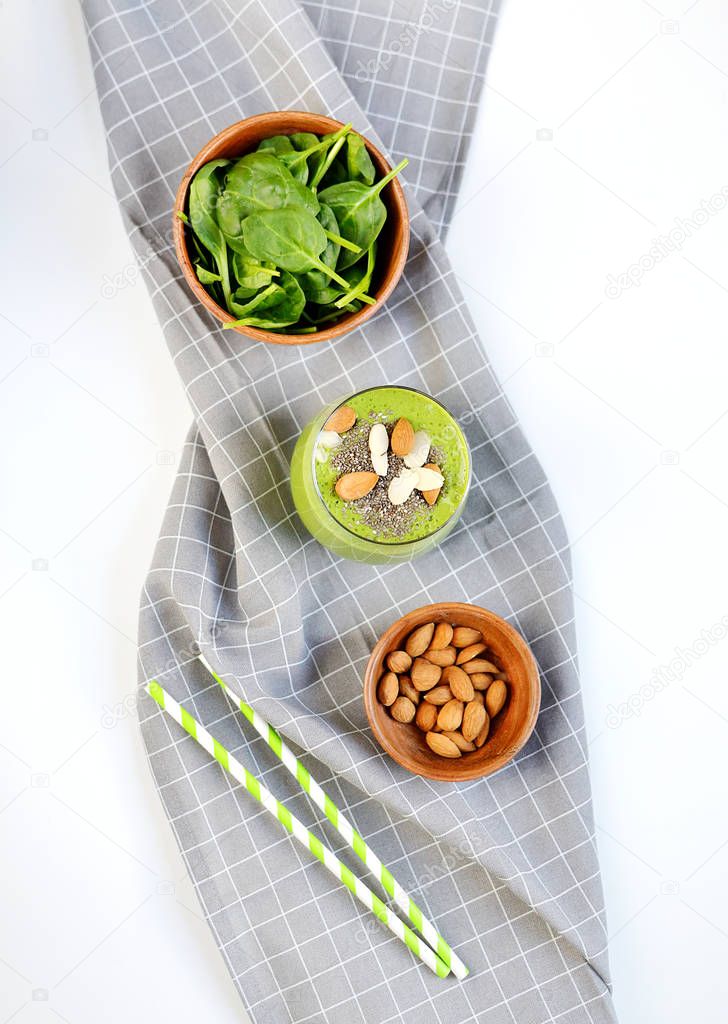 Green Smoothies Vegetables Spinach with Chia Seeds and Almonds Nuts, Healthy Food Concept, Detox, Drink, Top View, Copy Space