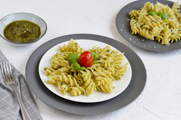 Cooked Fusilli Pasta Plate Pesto Italy Food Healthy Concept Vegetarian — Stock Photo, Image