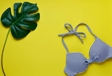 Kadın bikini mayo ve hasır şapka, yaz saati en iyi görünüm düz sarı arka plan kopya alanı afiş kavramı, tropikal yaprak çiçek koymak