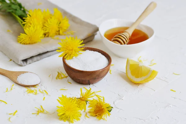 Ingredientes Naturales Para Exfoliante Casero Sal Corporal Con Flores Diente — Foto de Stock