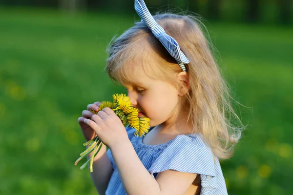 Petite Fille Mignonne Marchant Dans Parc Avec Des Fleurs Pissenlit — Photo