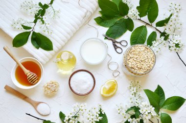 Ev yapımı yulaf vücut yüz süt Scrub tuz petrol tatlım güzellik kavramı organik Eko sağlıklı yaşam çiçekler için doğal maddeler 