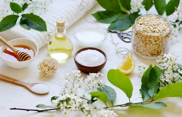 Ingredientes Naturales Para Exfoliante Casero Leche Cara Del Cuerpo Avena — Foto de Stock