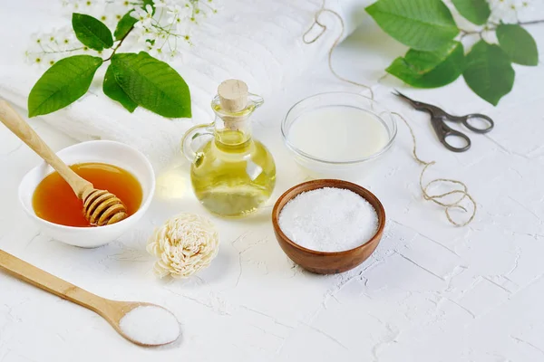 Ingredientes Naturales Para Exfoliante Casero Leche Cara Del Cuerpo Avena — Foto de Stock