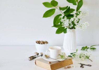Vazo ile beyaz çiçekler kuş kiraz ağacı, sabah, fincan kahve, eski kitap, bahar zamanı, yaz kavramı, beyaz arka plan, kopya alanı ile
