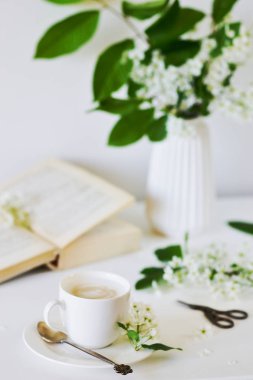 Vazo ile beyaz çiçekler kuş kiraz ağacı, sabah, fincan kahve, eski kitap, bahar zamanı, yaz kavramı, beyaz arka plan, kopya alanı ile